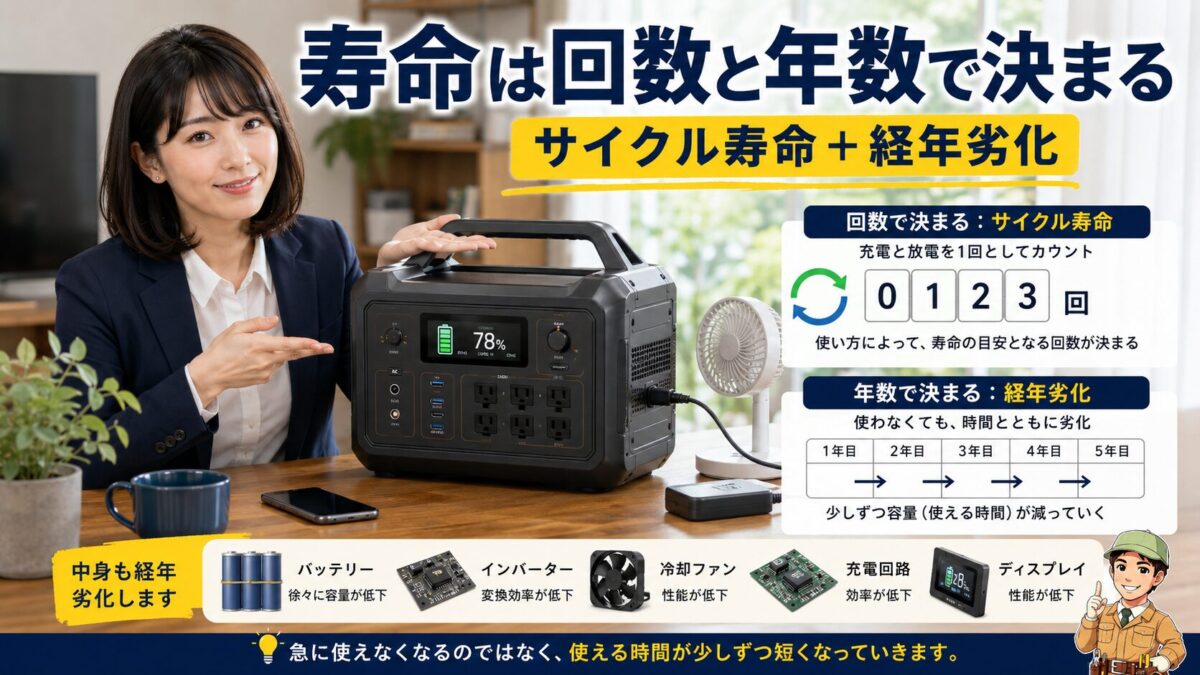 充放電回数と経年劣化で寿命が決まるポータブル電源