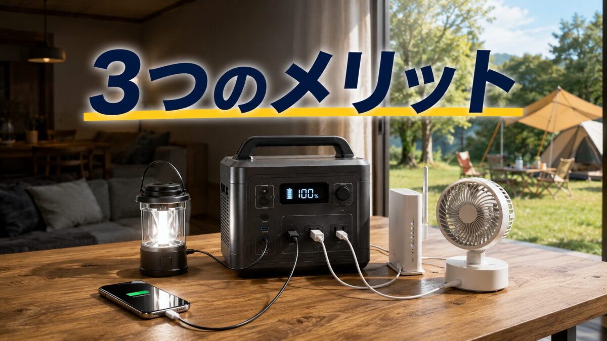ポータブル電源がスマートフォンや照明、通信機器へ給電する主なメリットを表現した画像