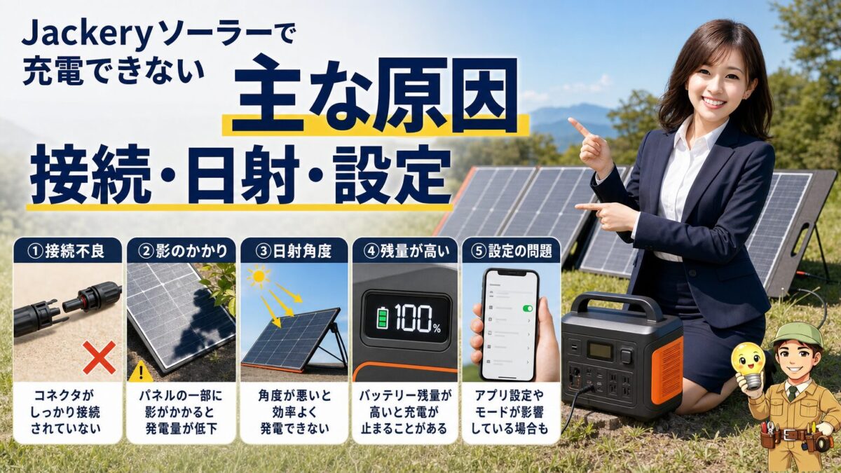 Jackeryソーラーで充電できない主な原因を接続や日射条件で示す画像