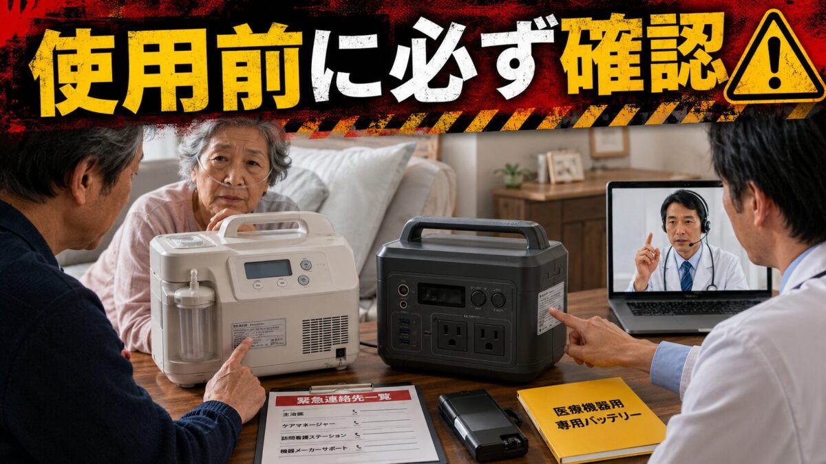 医療機器の仕様を確認しながら医師や機器業者へ相談する家族
