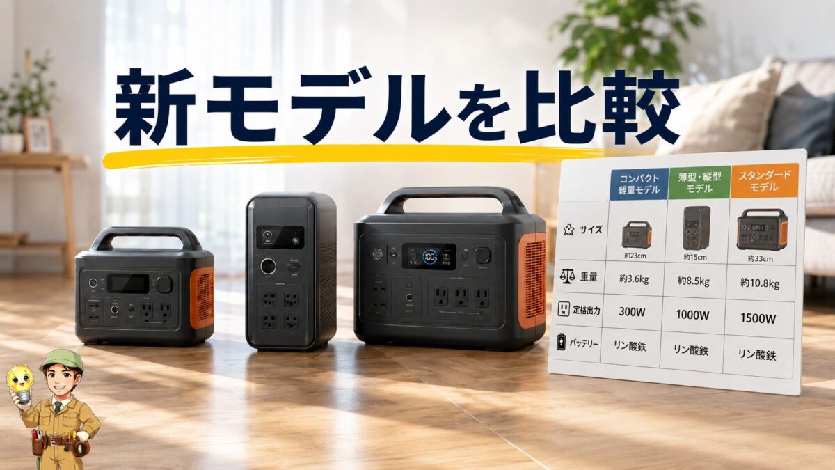 複数世代のポータブル電源を並べて新製品ラインナップを比較する画像