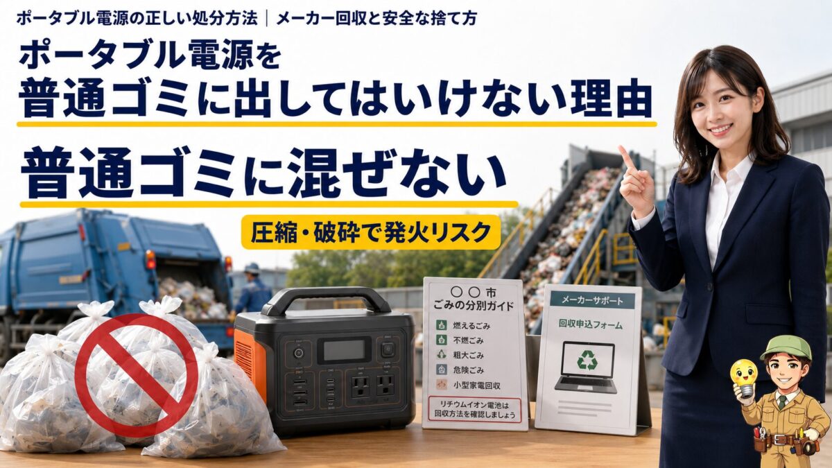 普通ゴミへの混入で圧縮や破砕の危険があるポータブル電源