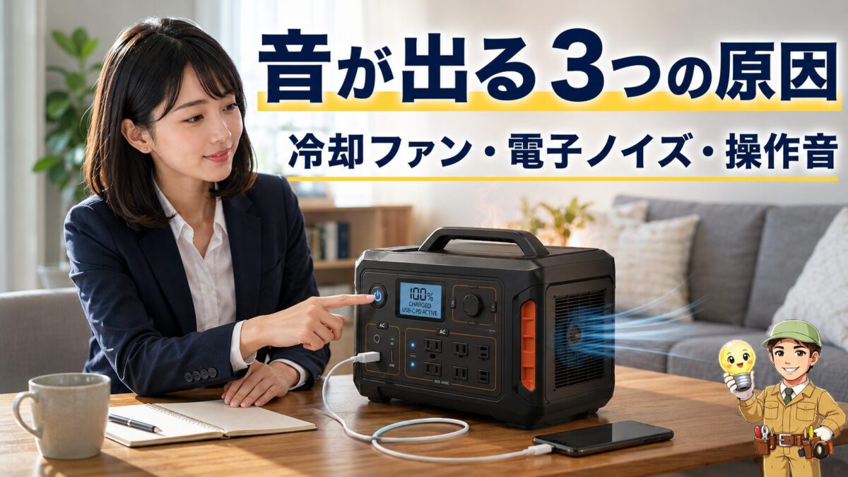 ポータブル電源の冷却ファンや電子部品から音が発生する仕組みを表した画像