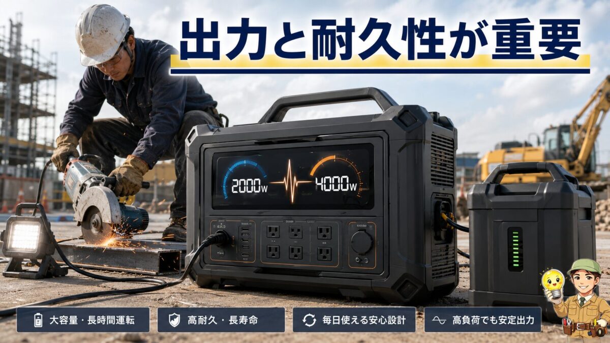 高出力工具への給電と拡張バッテリーで業務性能を表現したポータブル電源