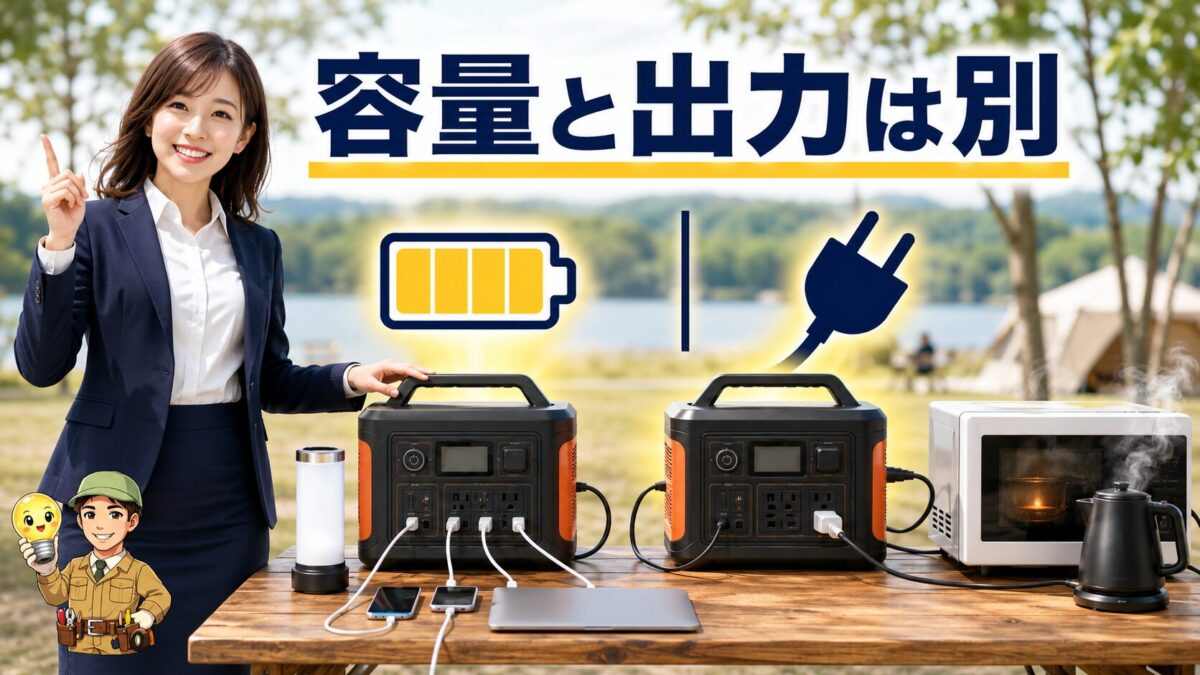ポータブル電源の容量と定格出力の違いを家電の使用場面で示す画像