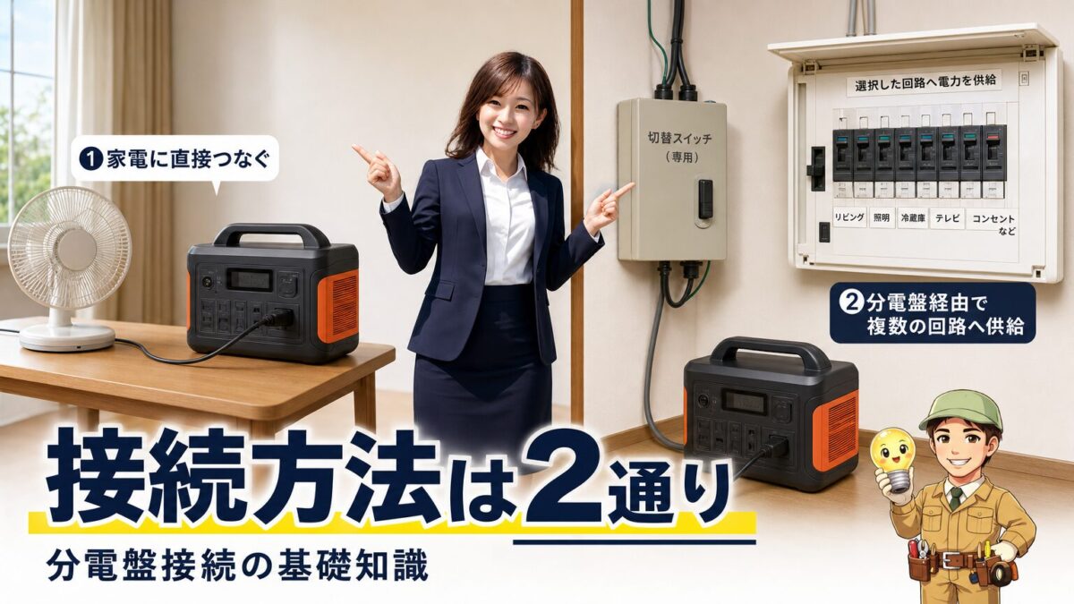 家電への直接給電と分電盤経由の給電方法を比較した画像