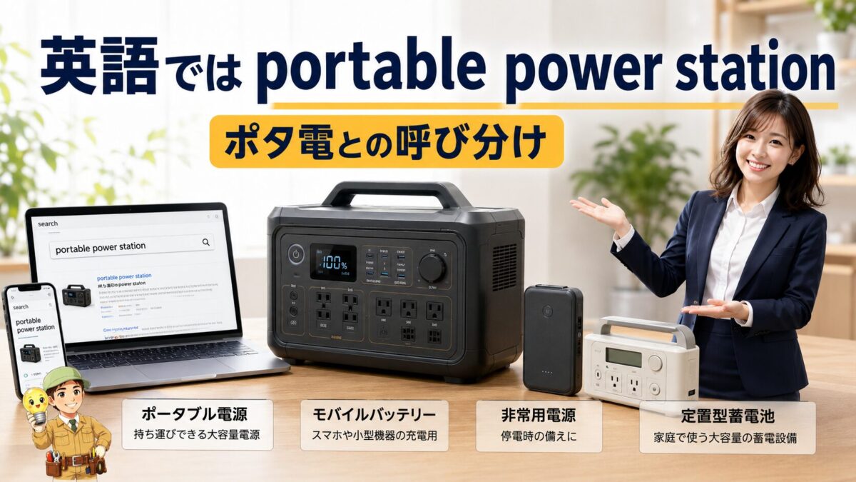 ポータブル電源の英語表現とポタ電、モバイルバッテリーの違いを示す画像