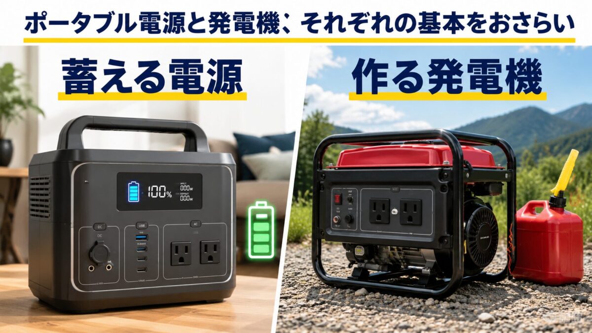 電気を蓄えるポータブル電源と燃料で電気を作る発電機の基本を比較した画像