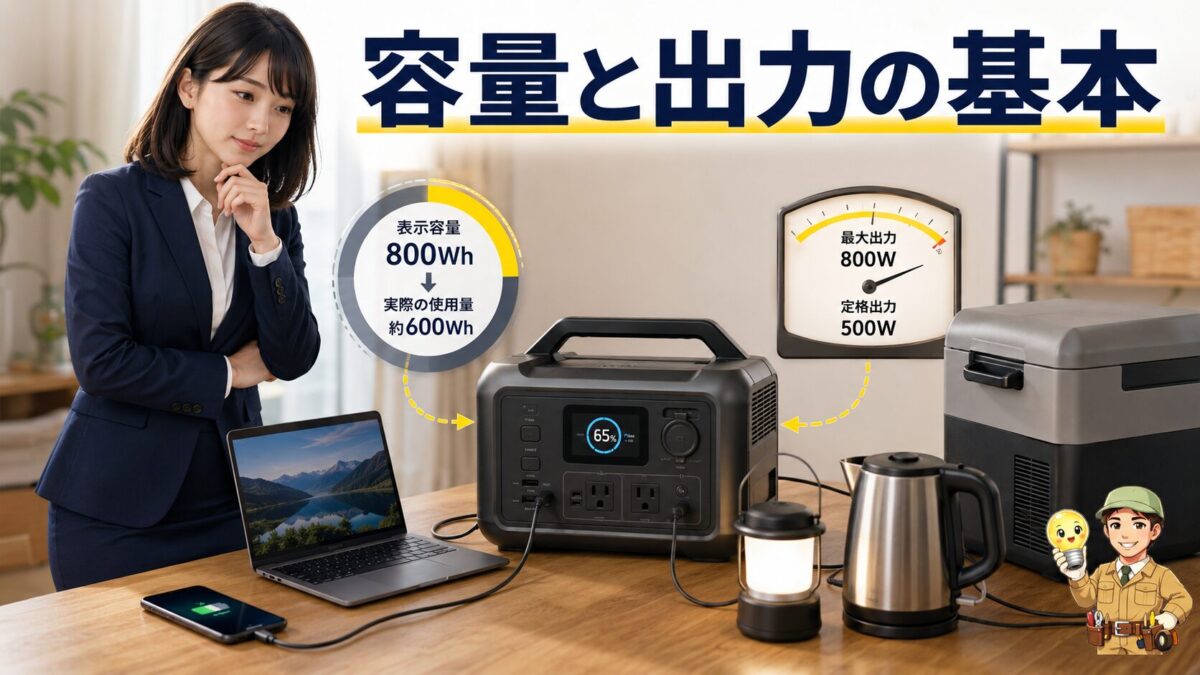 ポータブル電源の容量Whと定格出力Wの基本を示す画像