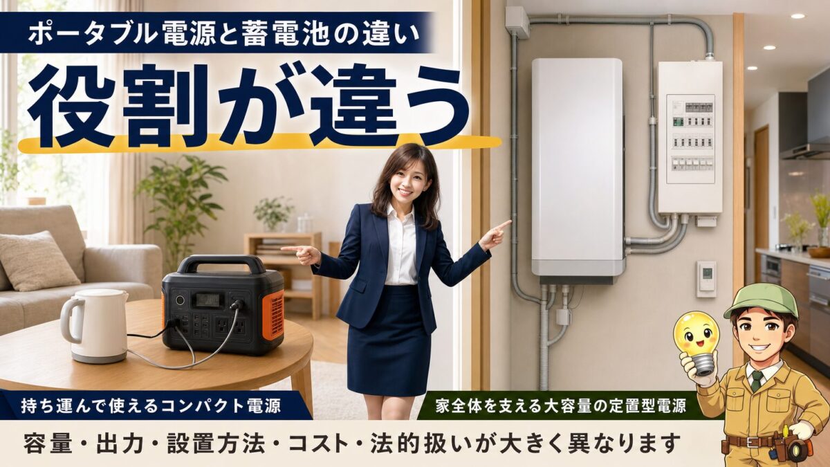 持ち運べるポータブル電源と住宅に設置する家庭用蓄電池を比較した画像