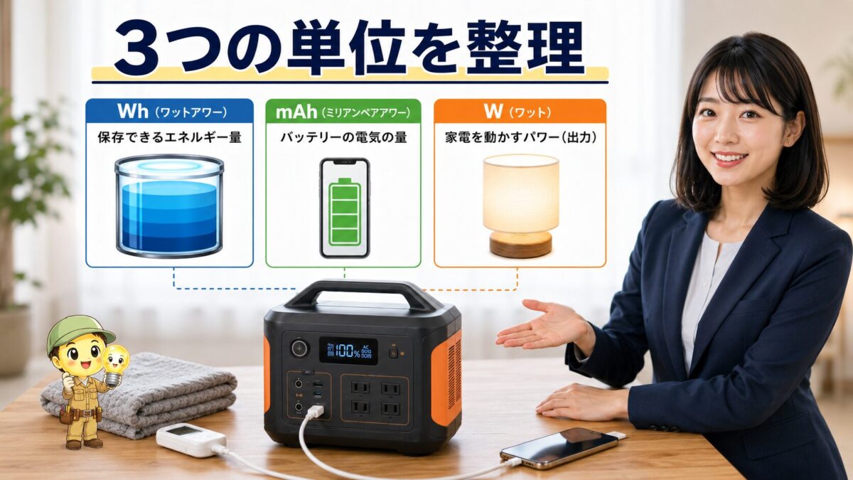 ポータブル電源を中心にWh・mAh・Wの役割を比較した画像