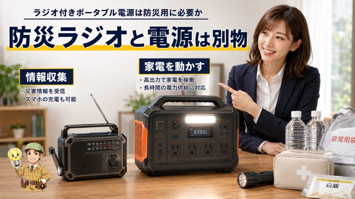 小型防災ラジオとLEDライト付き大容量ポータブル電源の役割を比較するイメージ