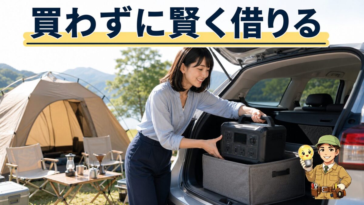 キャンプ道具と一緒にレンタルしたポータブル電源を車へ積み込む人