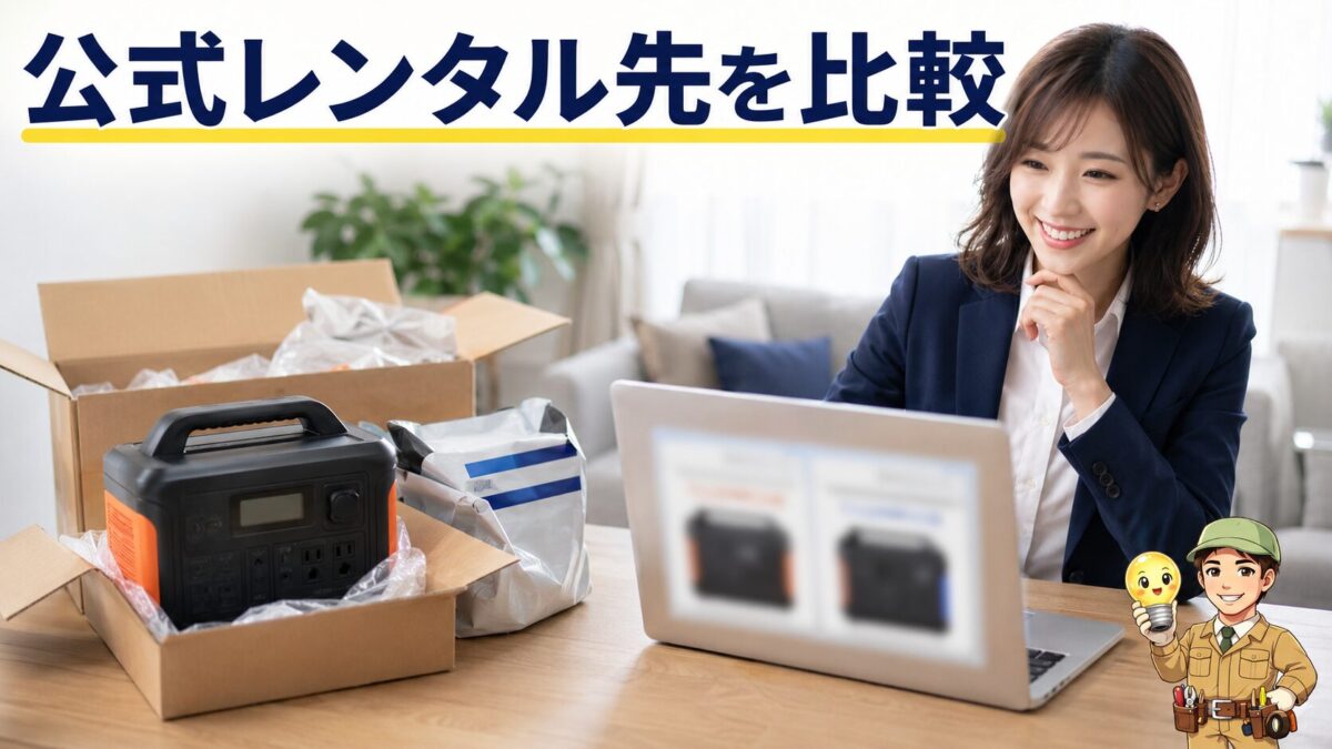宅配で届いたポータブル電源と返却用の梱包を確認する利用者