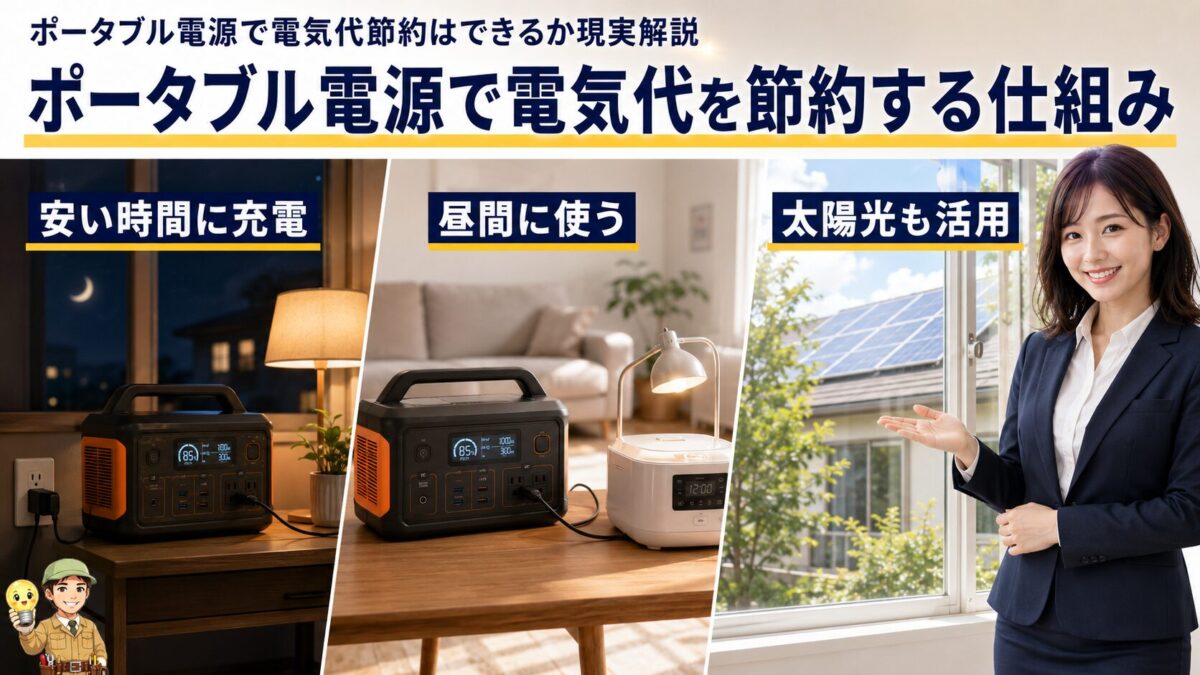 夜間の安い電気とソーラー発電をポータブル電源にためて昼間に使う仕組み