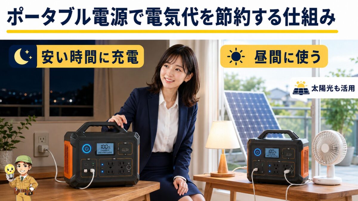 夜間の安い電気とソーラー発電をポータブル電源にためて昼間に使う仕組み