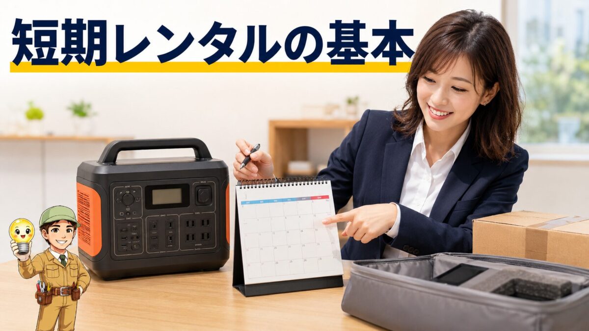 ポータブル電源とカレンダーを見ながら短期レンタル期間を確認する場面