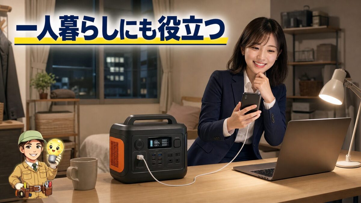 停電した一人暮らしの部屋でスマートフォンや照明に給電するポータブル電源