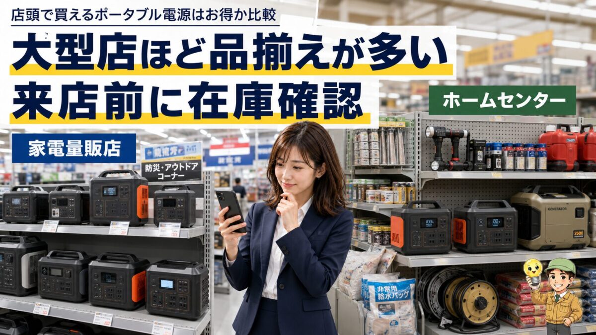 家電量販店とホームセンターでポータブル電源の品揃えや在庫を確認するイメージ