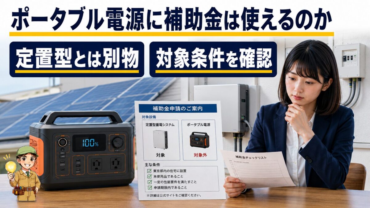 持ち運べるポータブル電源と住宅に固定する家庭用蓄電池の違いを表現した画像