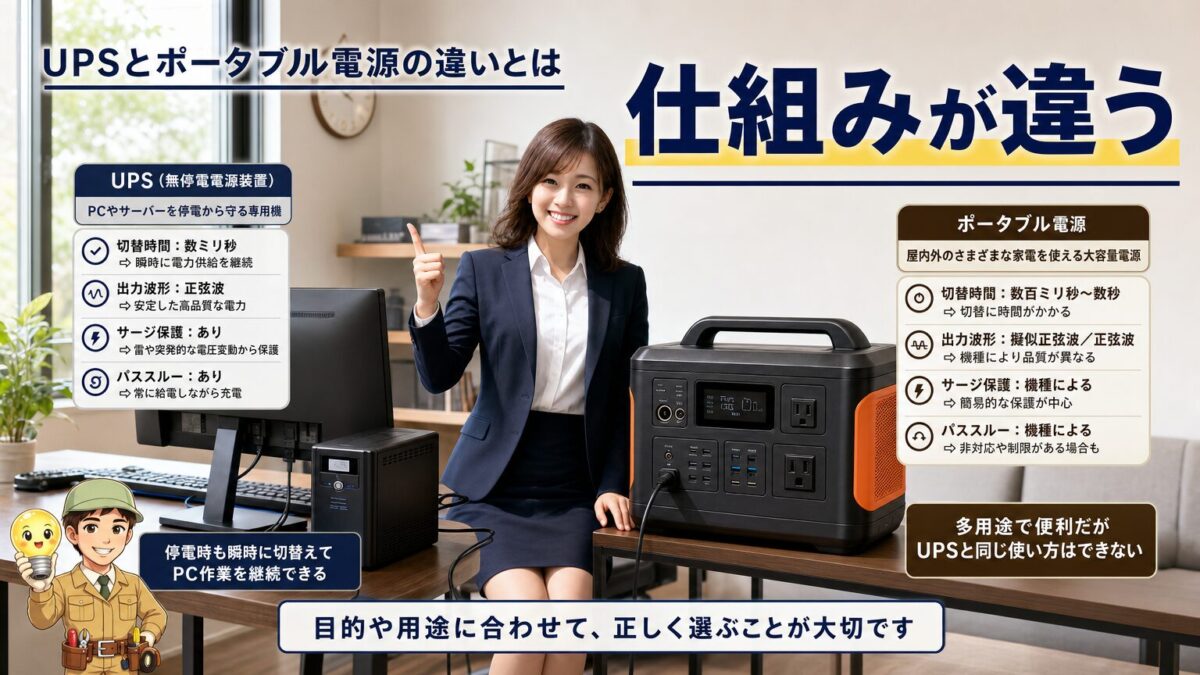 専用UPSとポータブル電源の仕組みや役割の違いを比較した画像