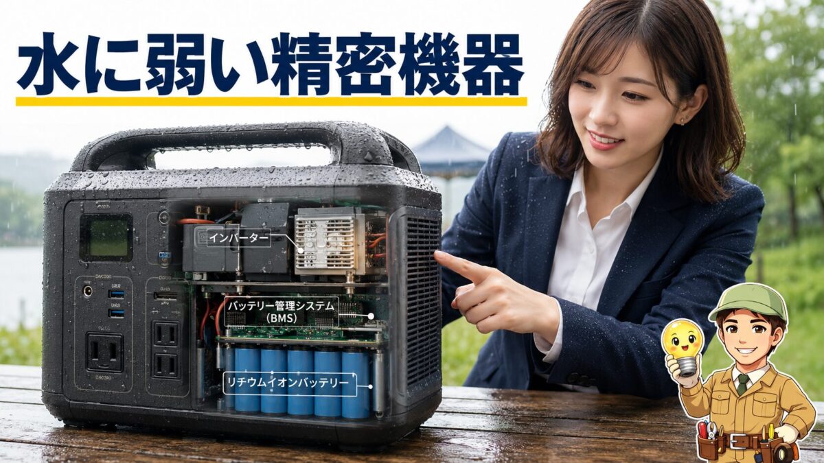 通風孔や接続ポートから水が入りやすいポータブル電源の構造
