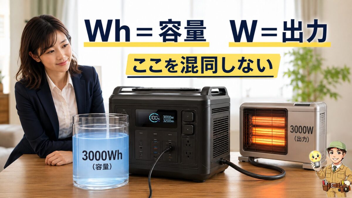 ポータブル電源の容量Whと出力Wの違いを視覚的に示した画像