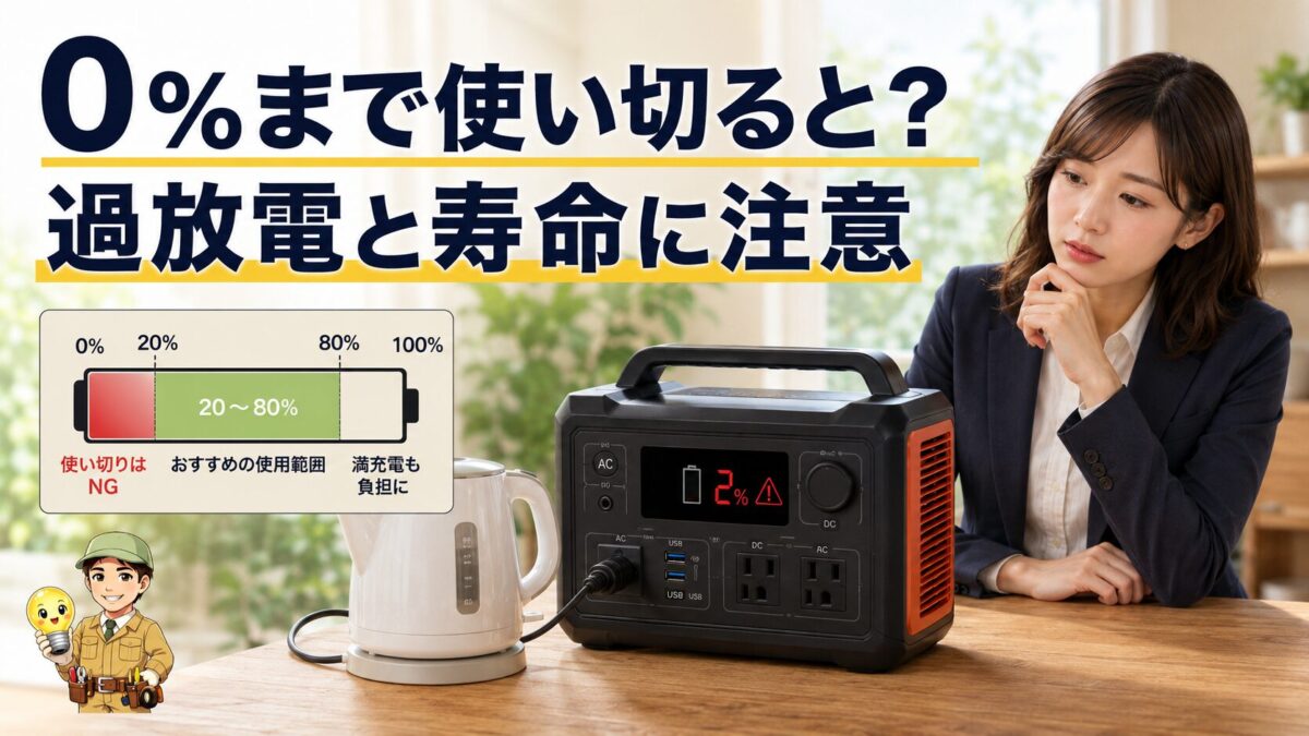 0%近くまで放電したポータブル電源と過放電リスク
