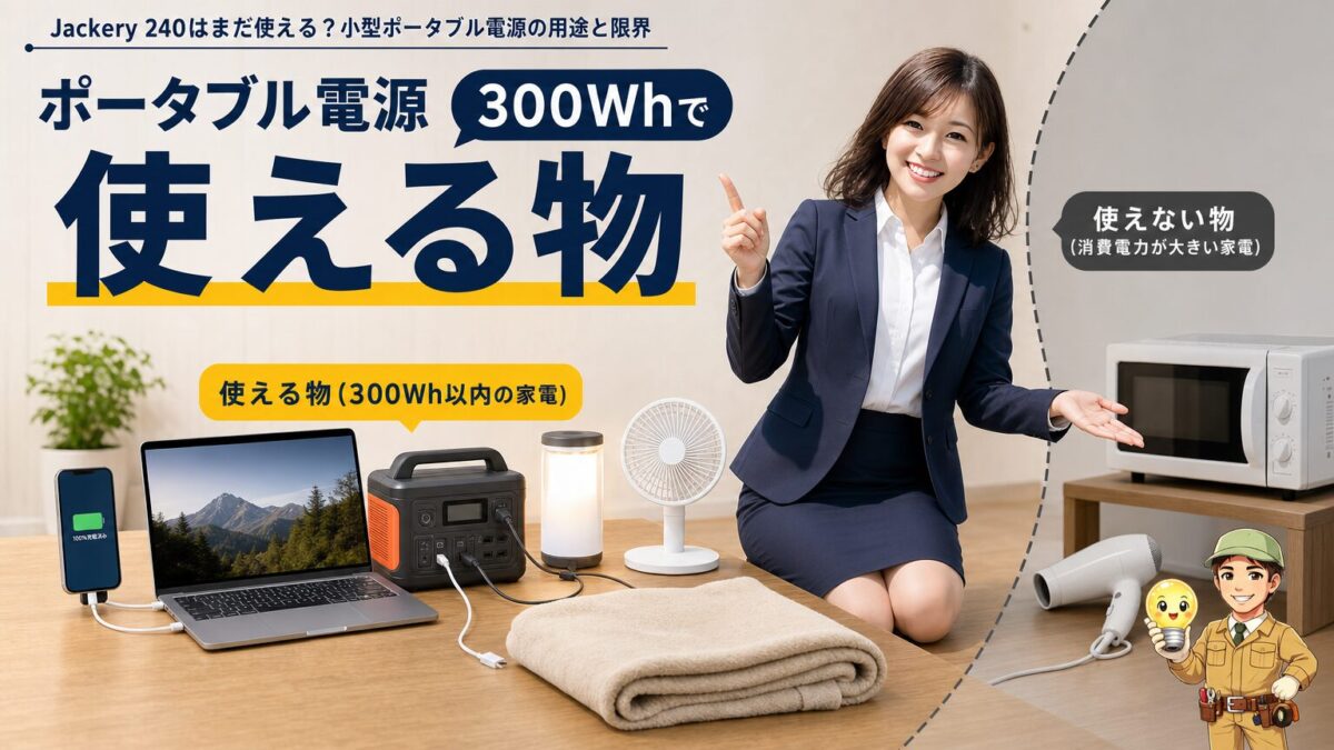 300Whクラスのポータブル電源で使える機器と限界を示す画像