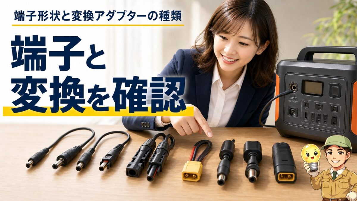 端子形状と変換アダプターを並べて確認するイメージ