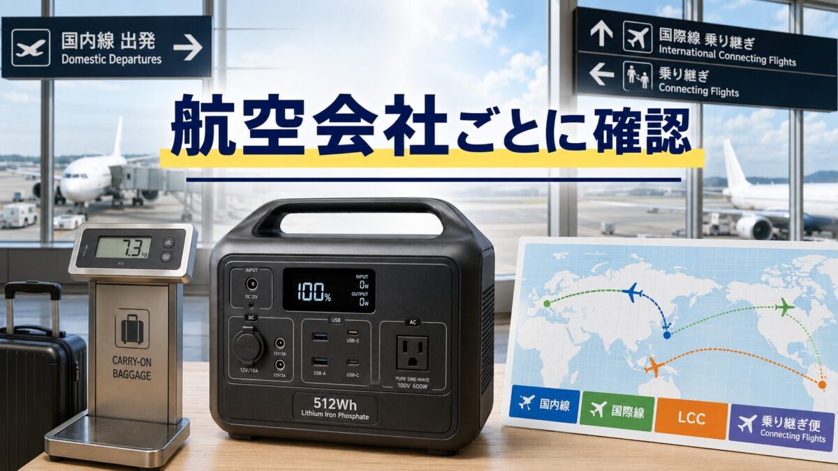 国内線と国際線の空港を背景に航空会社の規定を確認する小型ポータブル電源