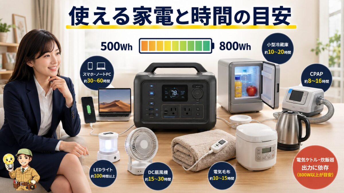 500〜800Whで使える家電と稼働時間を比較する画像