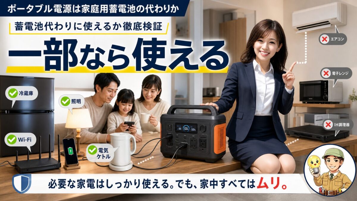 停電時にポータブル電源で生活家電を選んで動かしている画像