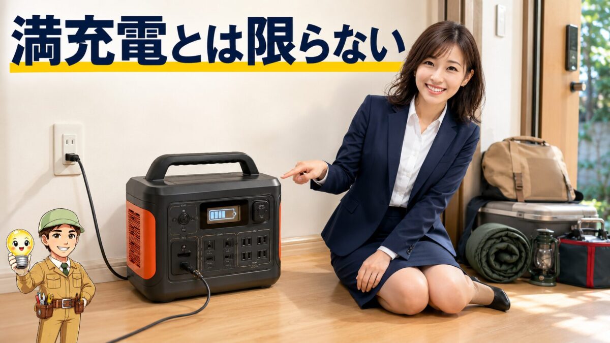 配送箱から出したポータブル電源を出発前に充電する場面