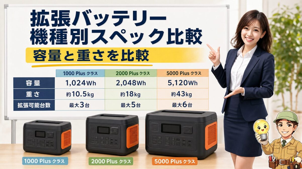 容量や重さが異なる拡張バッテリーを比較するイメージ