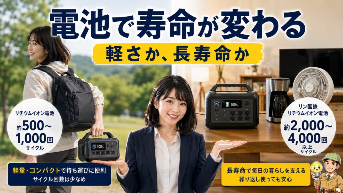 リチウムイオンとリン酸鉄で寿命が異なるポータブル電源