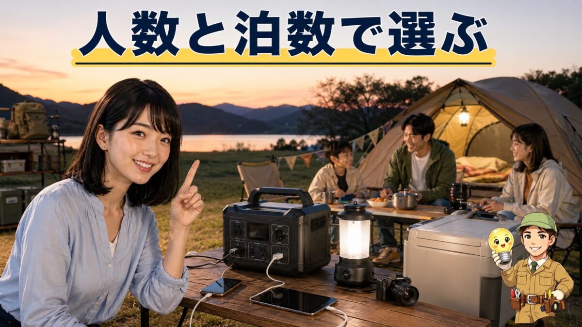 人数や泊数に合わせたポータブル電源で照明や冷蔵庫を使うキャンプ風景