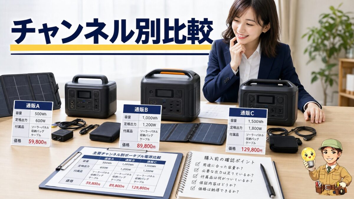 主要テレビ通販チャンネル別にポータブル電源を比較する画像