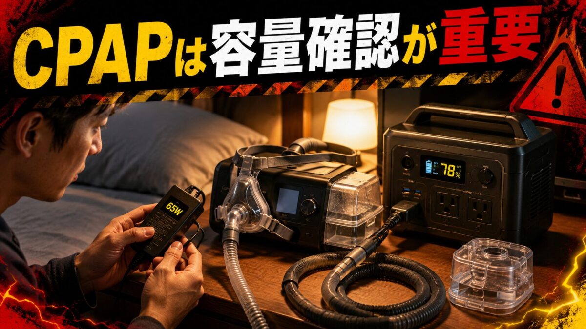 CPAPの消費電力とポータブル電源の容量を寝室で確認する様子