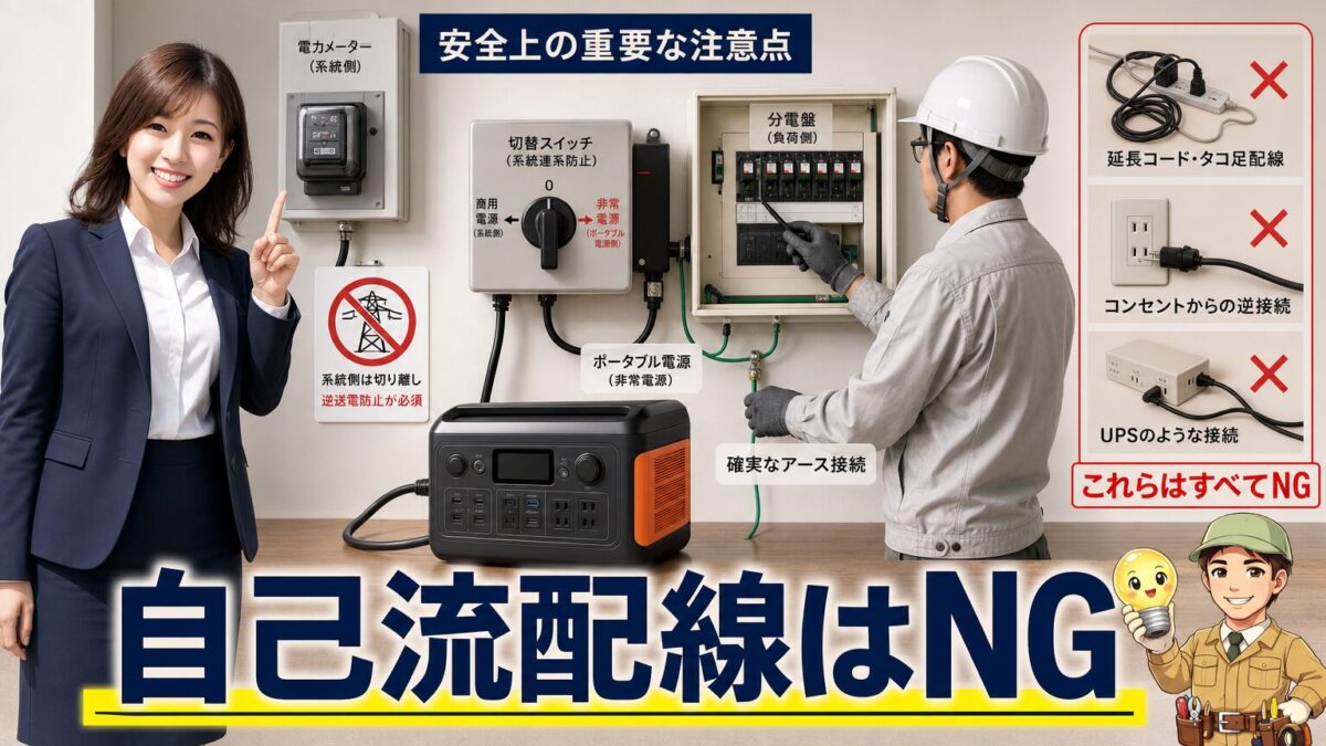 分電盤接続で逆潮流や誤配線を防ぐ安全対策を示した画像