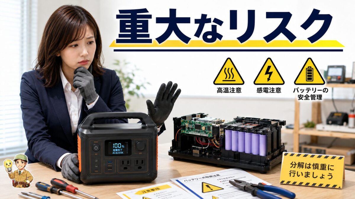 ポータブル電源の自作や分解に潜む危険性を表現した画像