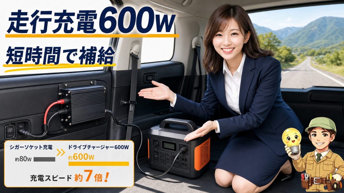 ドライブチャージャー600Wで走行充電する様子を示す画像