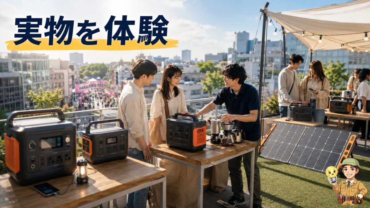 原宿の体験型イベントでポータブル電源やソーラー発電を試す来場者の画像