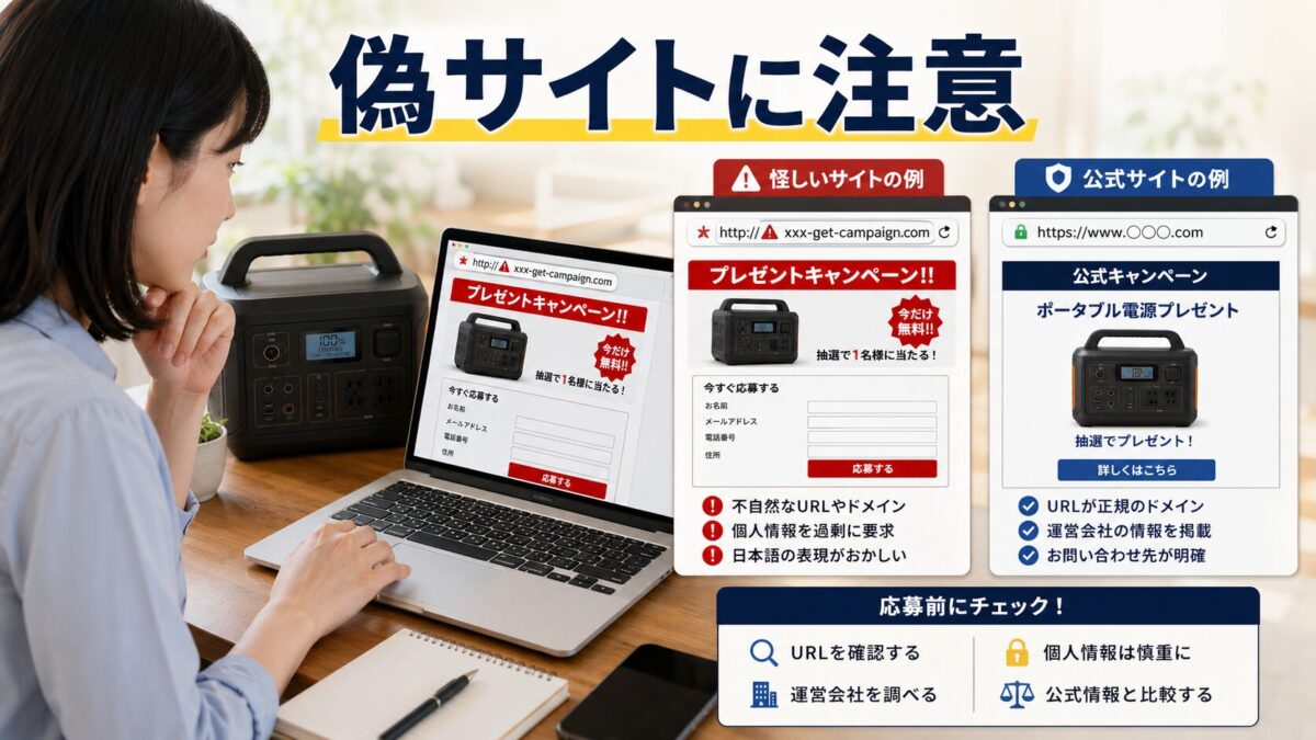 ポータブル電源の偽サイトや詐欺に注意する様子を表現した画像