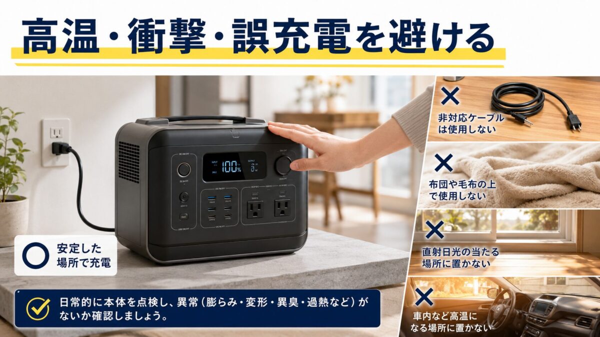 高温や衝撃、誤った充電を避けてポータブル電源を安全に使う様子