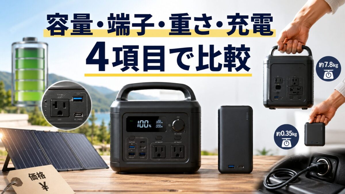 容量や端子、重さ、充電方法の4項目で両者を比較した画像