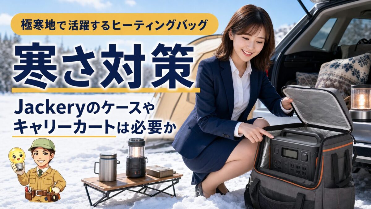 雪の中でヒーティングバッグがポータブル電源を寒さから守るイメージ