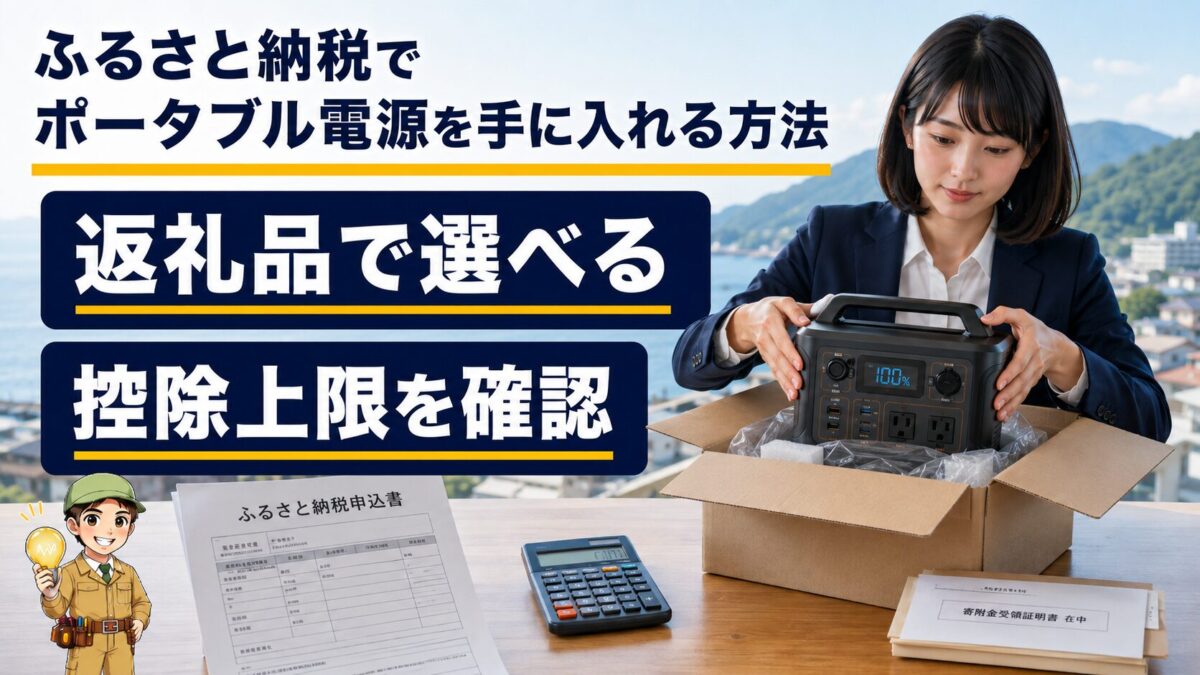 ふるさと納税の返礼品として届くポータブル電源と控除確認書類を表現した画像