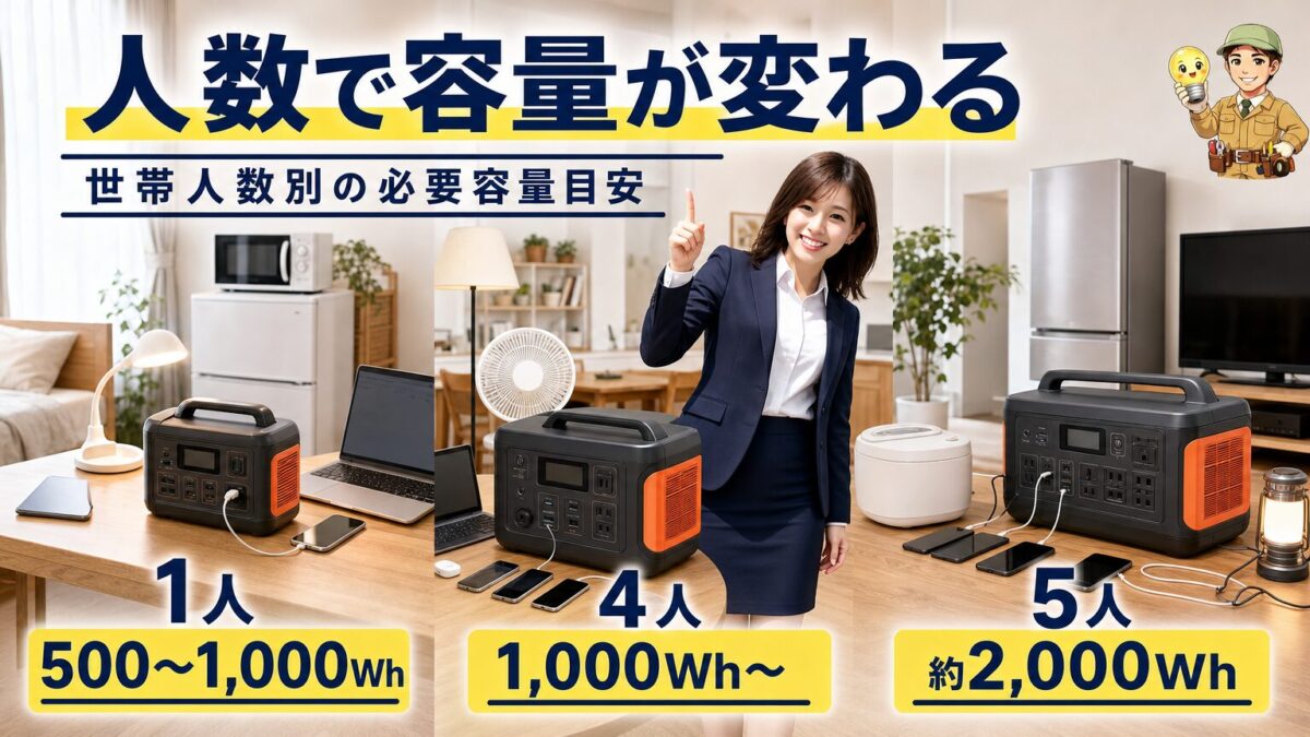 一人暮らしから五人家族までの世帯人数別に並べた容量の異なるポータブル電源