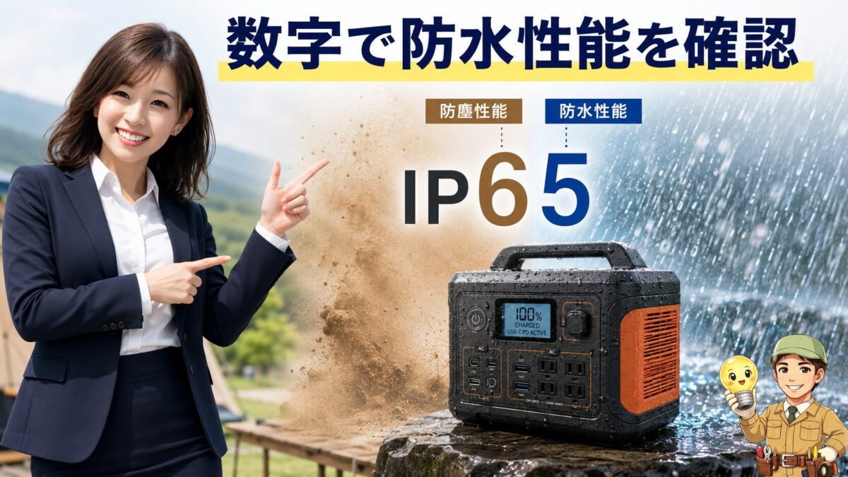 IP65の数字から防塵性能と防水性能を読み取るイメージ